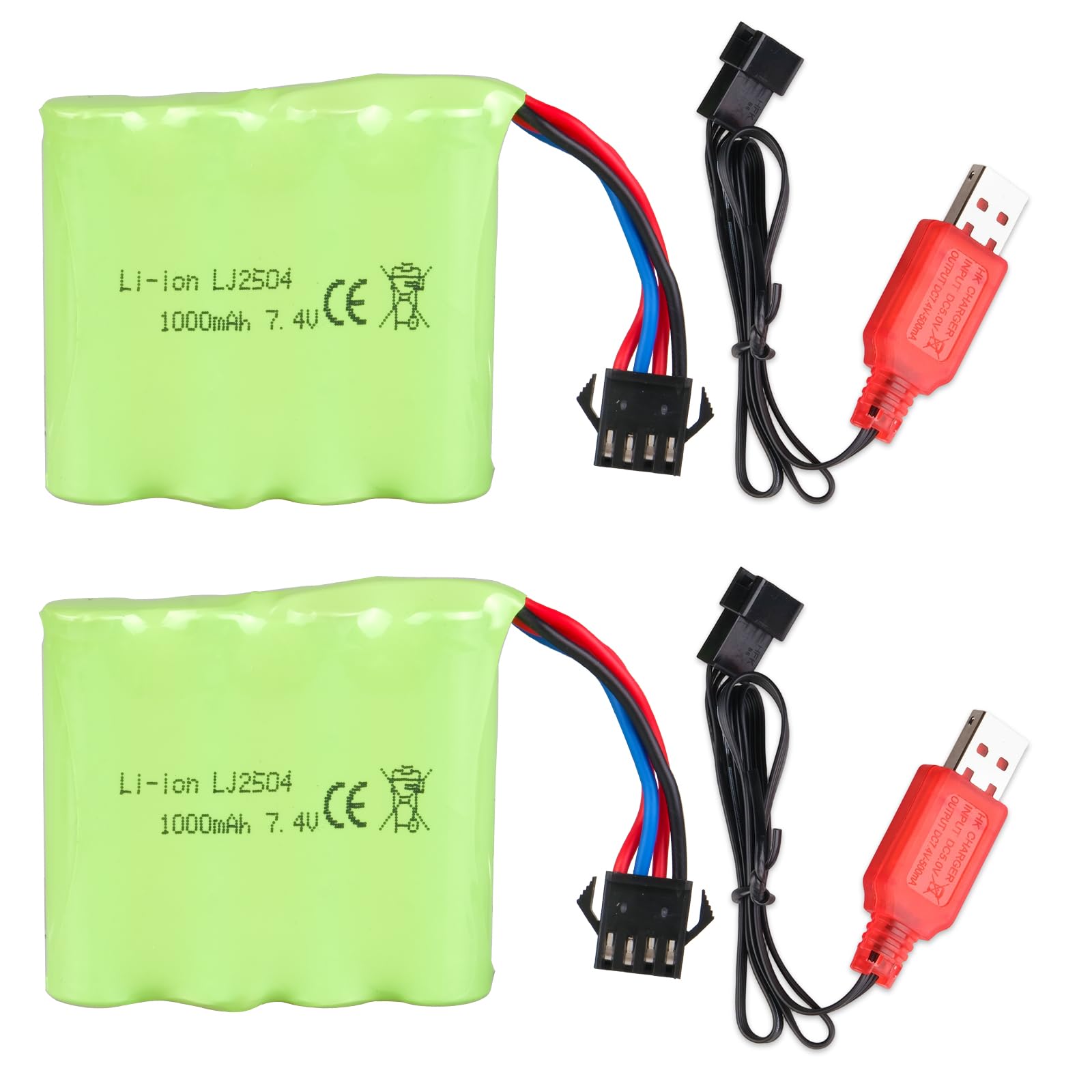 2PCS 7.4 V 1000 mAh Lithium Battery with SM-4P Plug and USB Charging Cable for RC Car Boat Truck, DE36W DE65 NO.1809 RC Toy Car, Off-Road Car Climbing Drift Racing Battery
