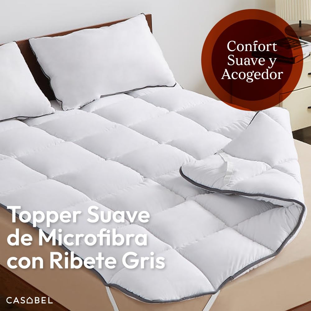 CASABEL Topper Colchón 90x190 cm, 600gsm, Extra Grueso y Suave Topper 90x190 con Microfibra Transpirable, Diseño Acolchado, 4 Correas Elásticas
