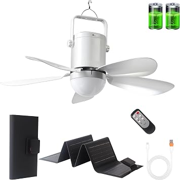 Solar Ceiling Fan with Light, 21600mAh Rechargeable Battery, 23W Foldable Solar Panel, DC Brushless Quiet Fan, 3 Installation Ways, for Gazebo, Patio, Camping Tent, Garage, RV, Emergency Use