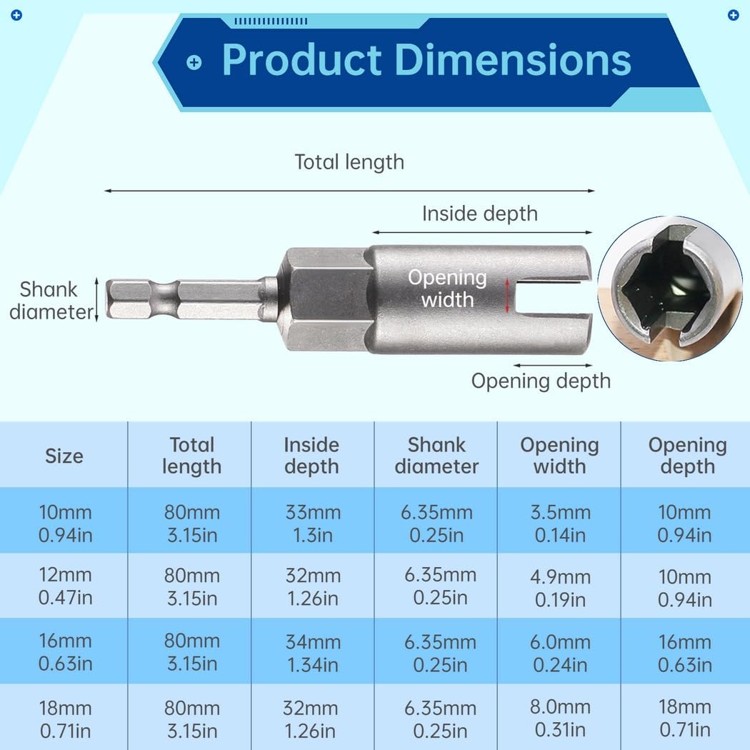 4-Piece 1/4In Hex Shank Wing Nut Driver Set, 10Mm, 12Mm, 16Mm, 18Mm Sizes, for Eye Screws, Panel Nuts, and Bolts