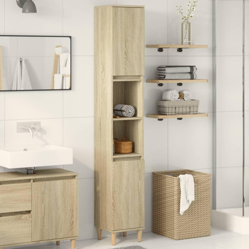 Armoire de salle de bain en chêne Sonoma - 30 x 30 x 190 cm - Armoire de salle de bain avec 2 portes - Espace de rangement et étagère pour lavabo - Meuble de rangement pour les toilettes