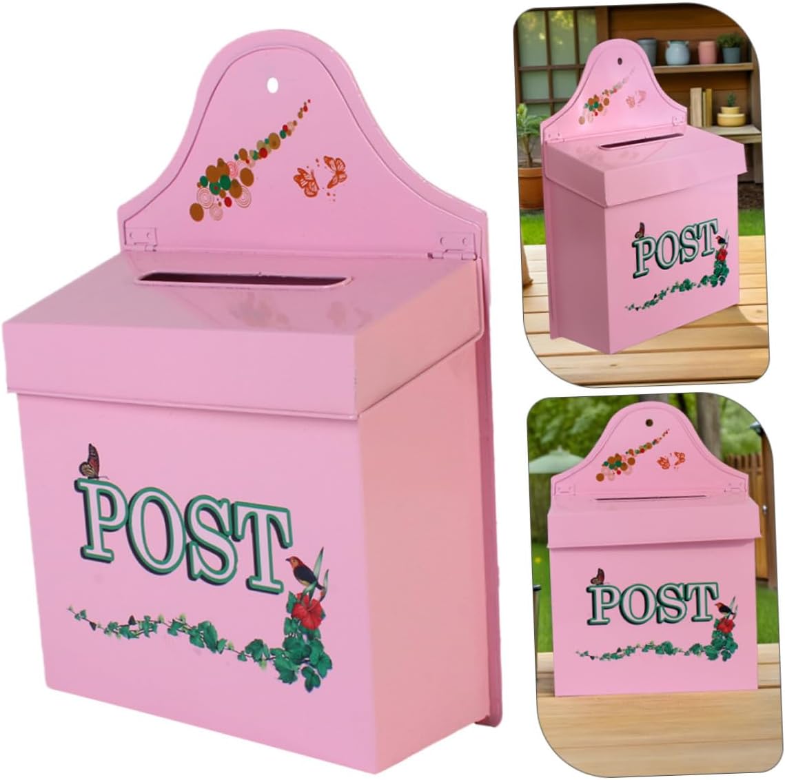 Cabilock Metal Wall Mount Mailbox for Outdoor Use, Decorative Vintage Farmhouse Style, Pink Rustic Mailbox with Front Door for Garden and Home Exterior