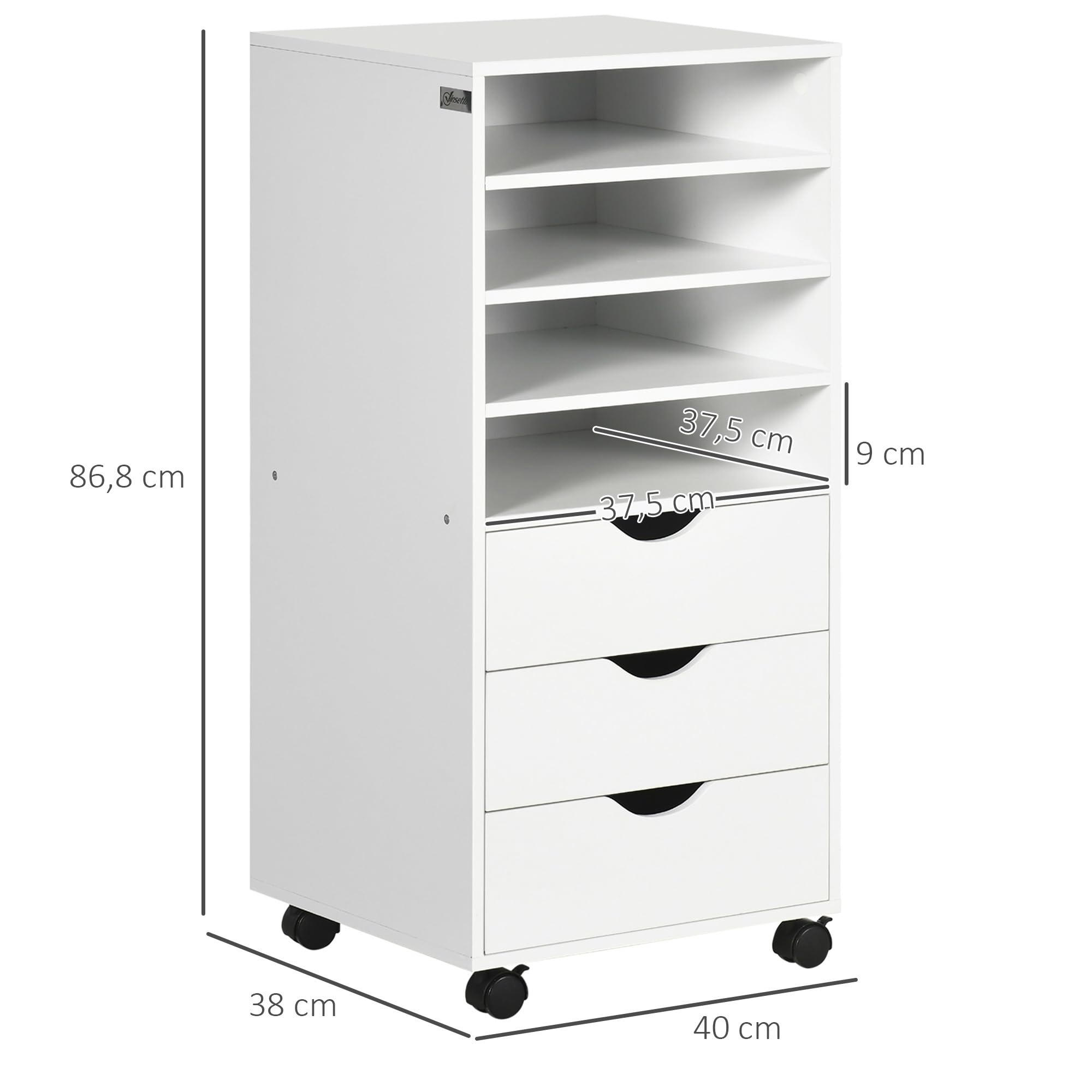Vinsetto Commode de Bureau à Roulettes avec 3 Tiroirs et 4 Étagères Ouvertes - Bureau et Étude - Blanc - 40 x 30 x 83 cm