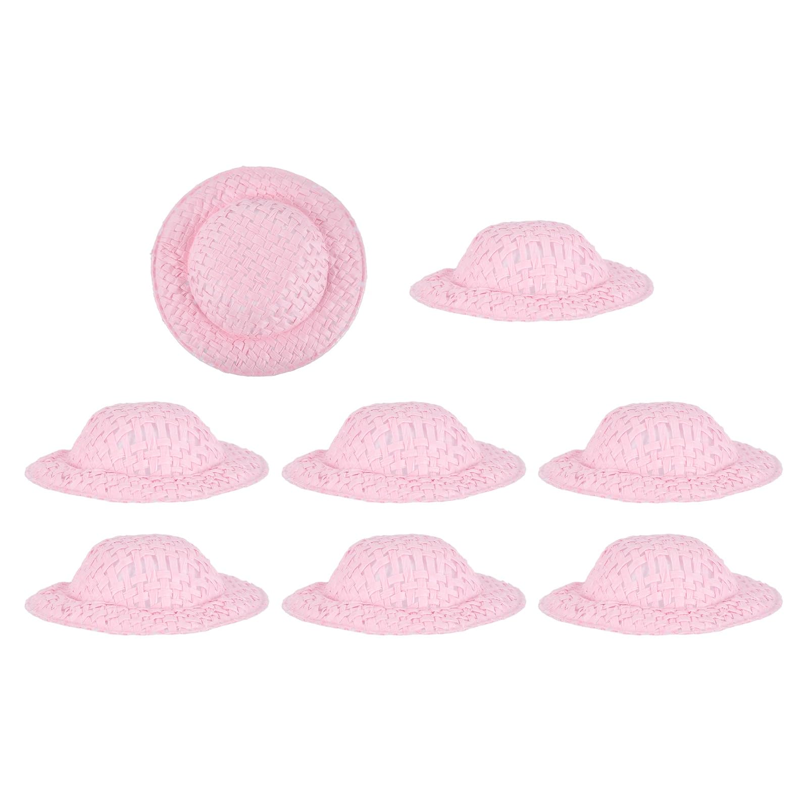 PATIKIL 8 Pcs Mini Straw Hats, 2 x 0.5 Inch Craft Doll Hats Miniature Ornaments Woven Caps for DIY Dollhouse Decoration Hair Accessories Snowman Weddings Party, Light Pink