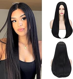 Peruca Longa Preta | Perucas Coraline Longa Natural Reta Parte do Meio Natural Cor Preta Peruca de Festa Diária Sintética Resistente ao Calor Realista para Mulheres (preto)