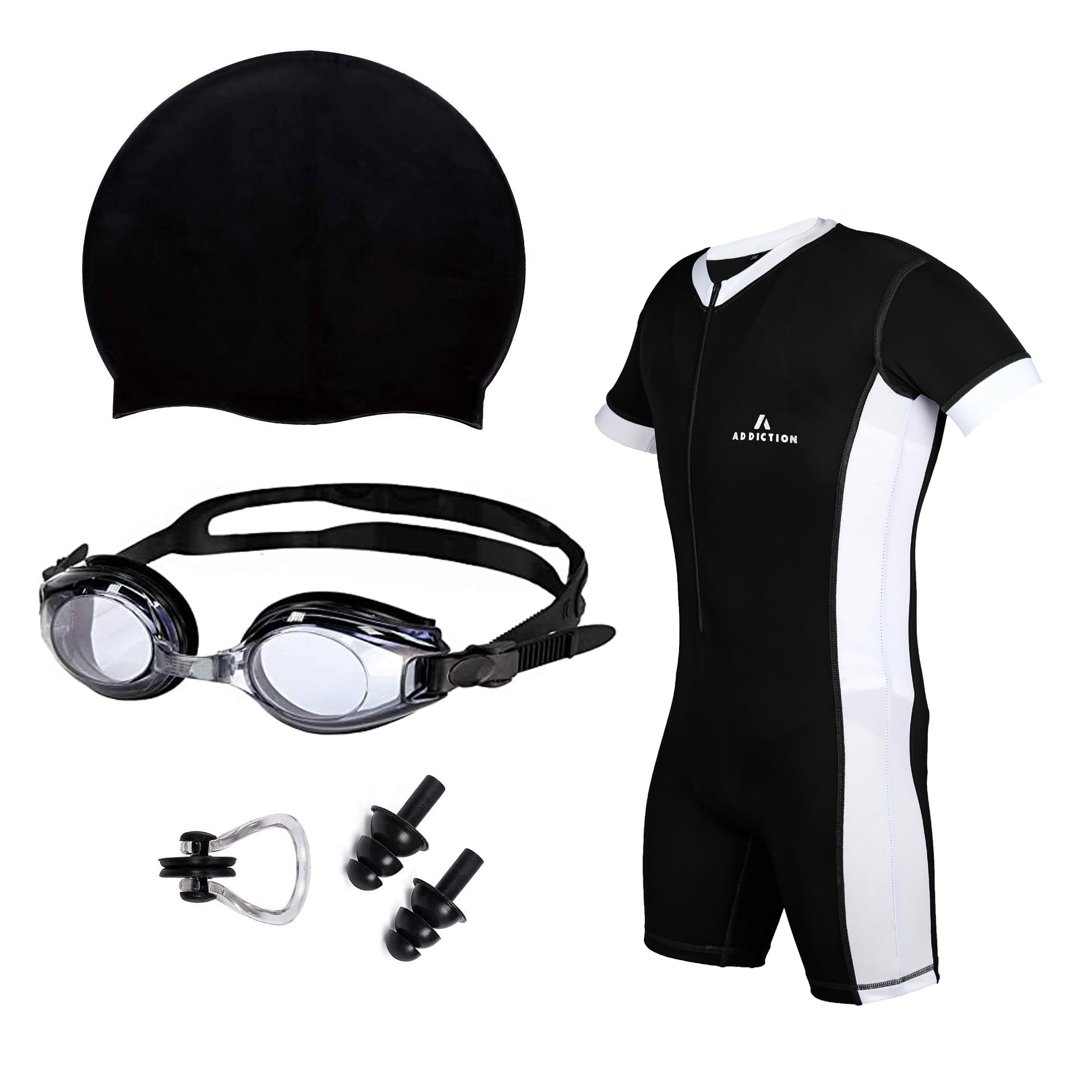 ADDICTION 5-Piece Swimming Kit – Swimsuit, Cap, Goggles, Ear & Nose Plugs – Black | Complete Swim Gear for Training & Recreation