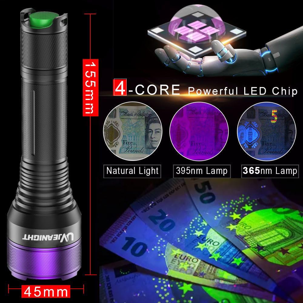 Linternas de luz negra de 365 nm, luz negra UV recargable con LED filtrados para caza de yooperlita, detección de orina de mascotas, resinas, escorpiones, fugas de automóviles