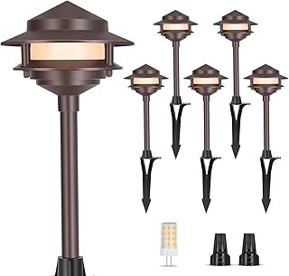 Gardencoin Pagoda Low Voltage Landscape Pathway Lights, 12V Outdoor LED Path Lights Wired, Aluminum Walkway Lighting with 4W 2700K Replaceable G4 Bulb, Bronze Classic 2-Tier Lantern, 6 Pack
