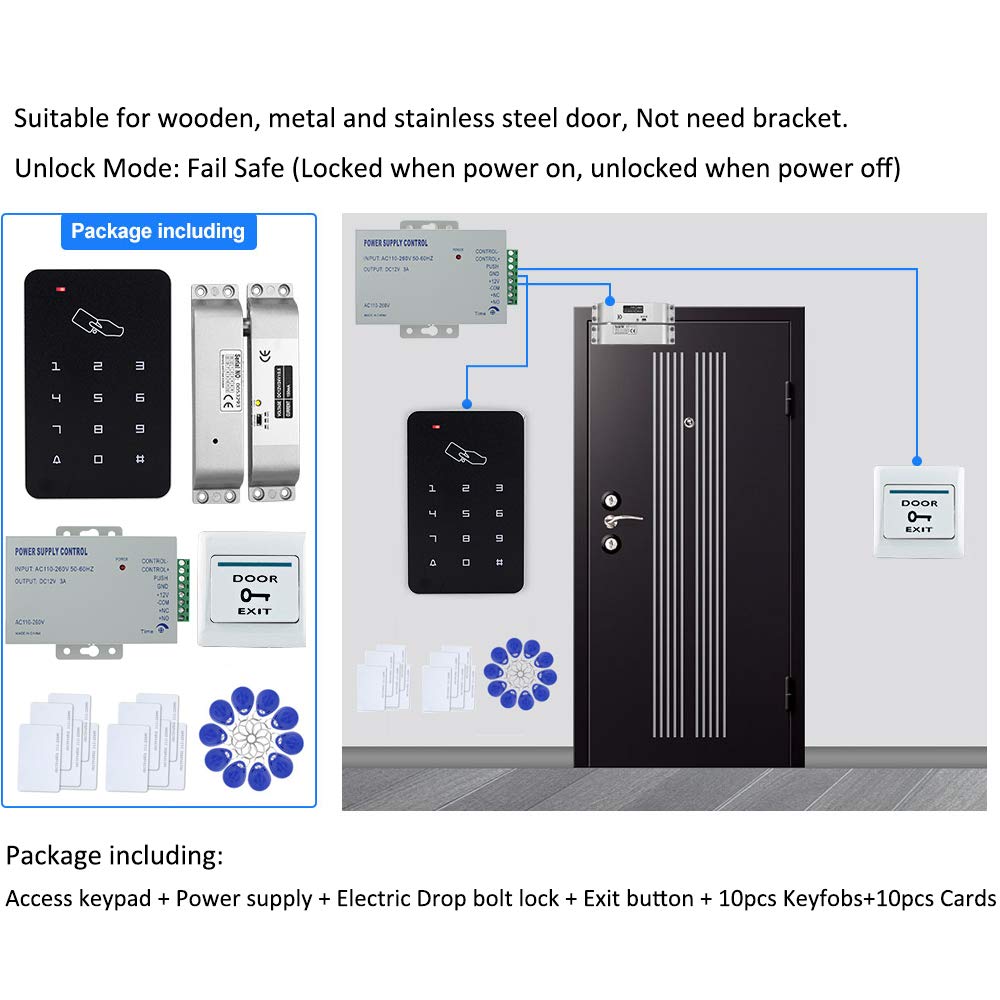 FTSTech Kit de Seguridad para el Hogar con Control de Acceso de Puerta RFID con Teclado Independiente de 125KHz+Cerradura Eléctrica+Fuente de Alimentación(Kit de Cerradura de Perno Eléctrico)