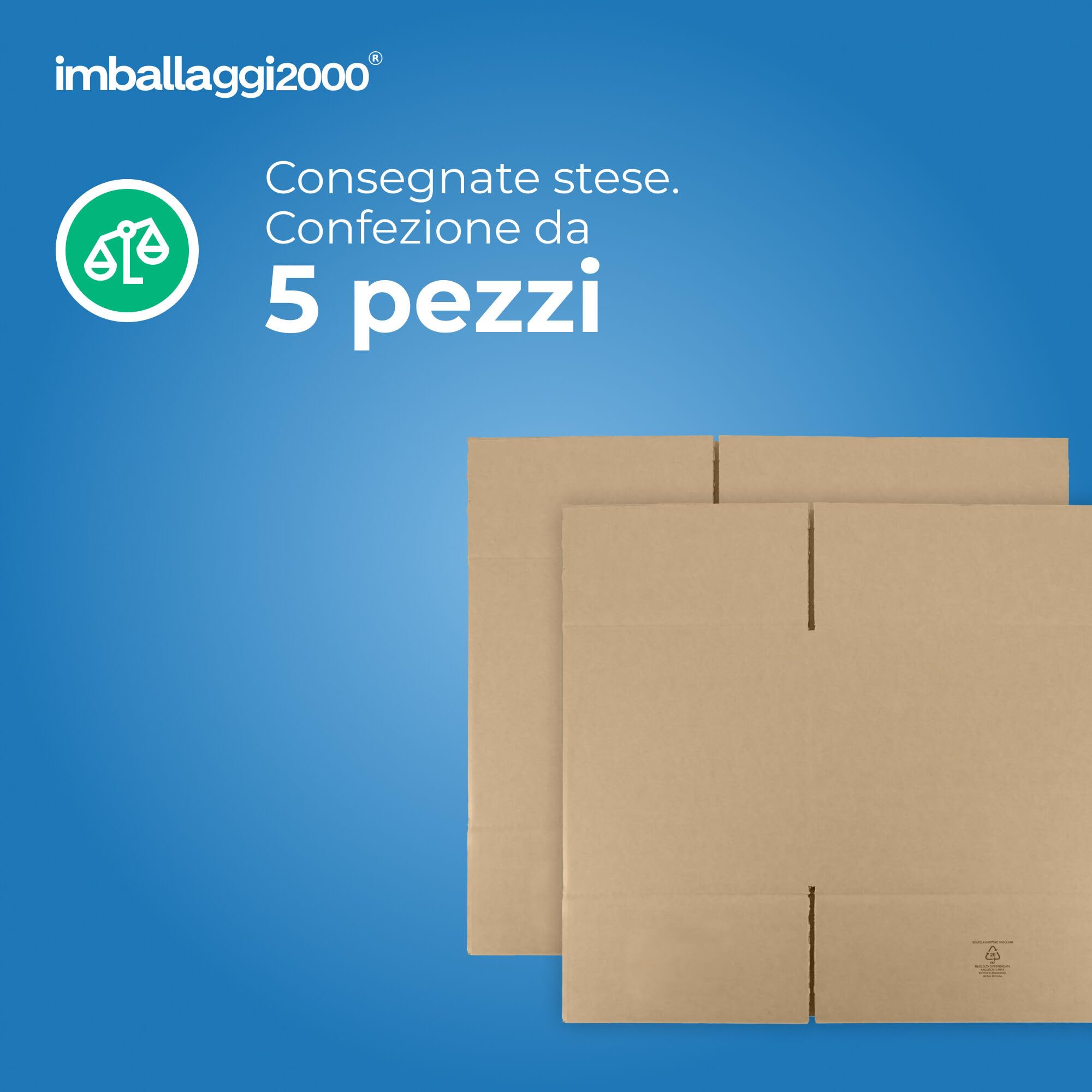 IMBALLAGGI 2000 - Scatole da spedizione 50x50x50 cm - Pacco da 5 pezzi - Scatola di Cartone a Doppia Onda resistente colore Marrone - Imballaggi per Spedizione Trasloco Stoccaggio