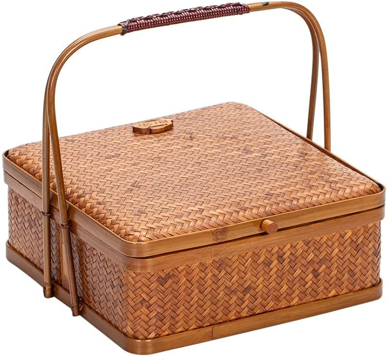 1 Pack Vintage Bamboo Woven Food Ornaments, Bamboo Suitcase, Outdoor Tea Ornaments Basket, Dessert Bamboo Basket, Tea Set Storage Ornaments Round Basket