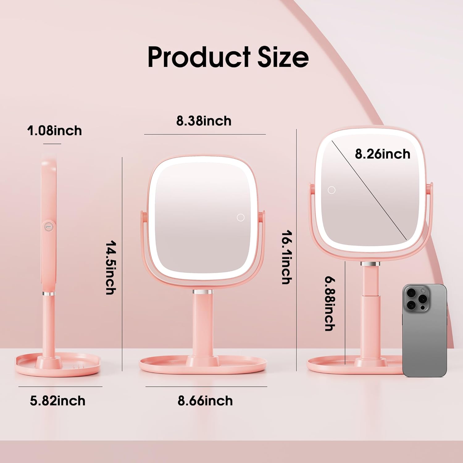 Makeup Mirror with Lights - 10x/1x Magnifying Mirror with Light, Rechargeable Desk Mirror with 3-Color Lighting & Memory Function, 360° Adjustable Table Mirror, Gift for Women (Pink)