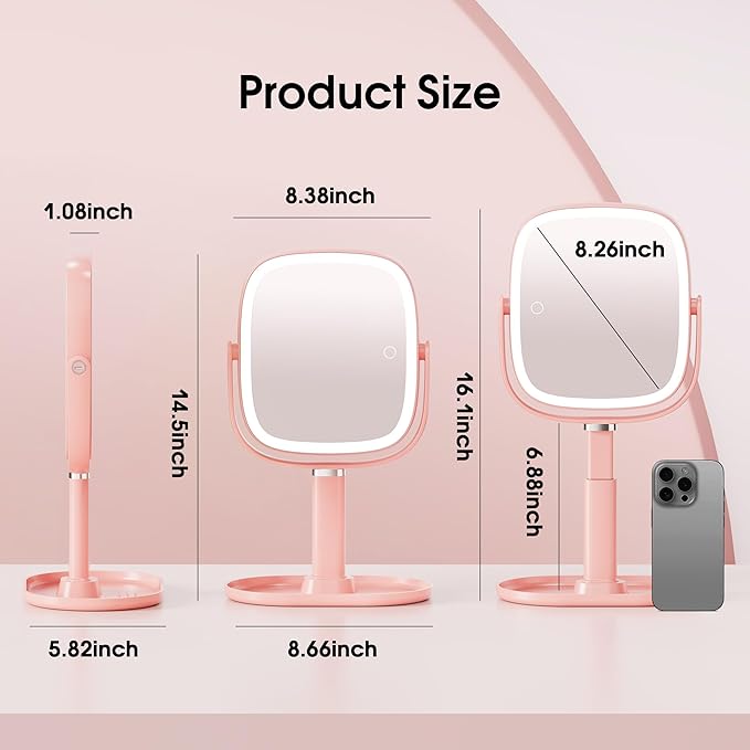 Espejo de Maquillaje con Luz Horyliin, 10x/1x, 3 Luces, Recargable, Rosa miniatura 2