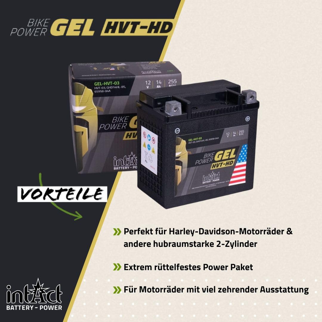 intAct - Bike-Power GEL-HVT-03, GHD14HL, Batterie au gel pour moto 12V 14Ah 255A (EN), Batterie au gel avec 30% de puissance de démarrage en plus pour scooter, moto, quad