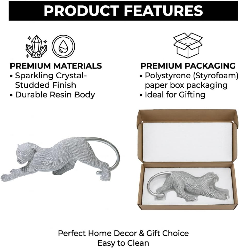 Leopard Statue Home Decor - 15 Inch Gold Cheetah Figurine & Animal Sculpture for Living Room, Shelf, Office - Handcrafted Beaded Modern Table Centerpiece (Gold/Silver)