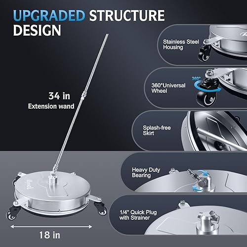 Miniatura 4 de RAYNEL - Lavadora a presión de 18.0 pulgadas, limpiadora de superficies con 4 ruedas, carcasa de acero inoxidable, enchufe rápido de 1/4 pulg., 2