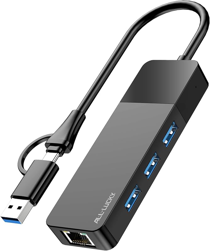 Adaptador USB A/C a Ethernet, 3xUSB3.0 y concentrador de red RJ45 de 1000M para computadora portátil | Concentrador USB C 4 en 1 Plug & Play, LAN Gigabit para teléfonos Mac/Chrome/XPS y USB-C/iPad, 3 puertos USB-A para mouse/teclado/ventilador USB.