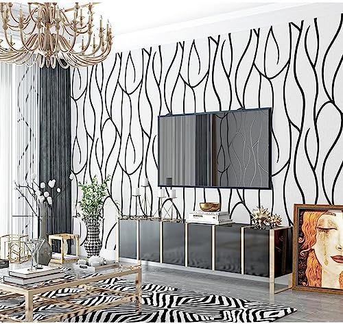 mwpqbd Deerskin Velvet Non-self-Adhesive Nordic Geometric Pattern Lines Modern Simple Fashion Living Room TV Background wall Non-Woven Wallpaper (Black and White wallpaper3366-6)