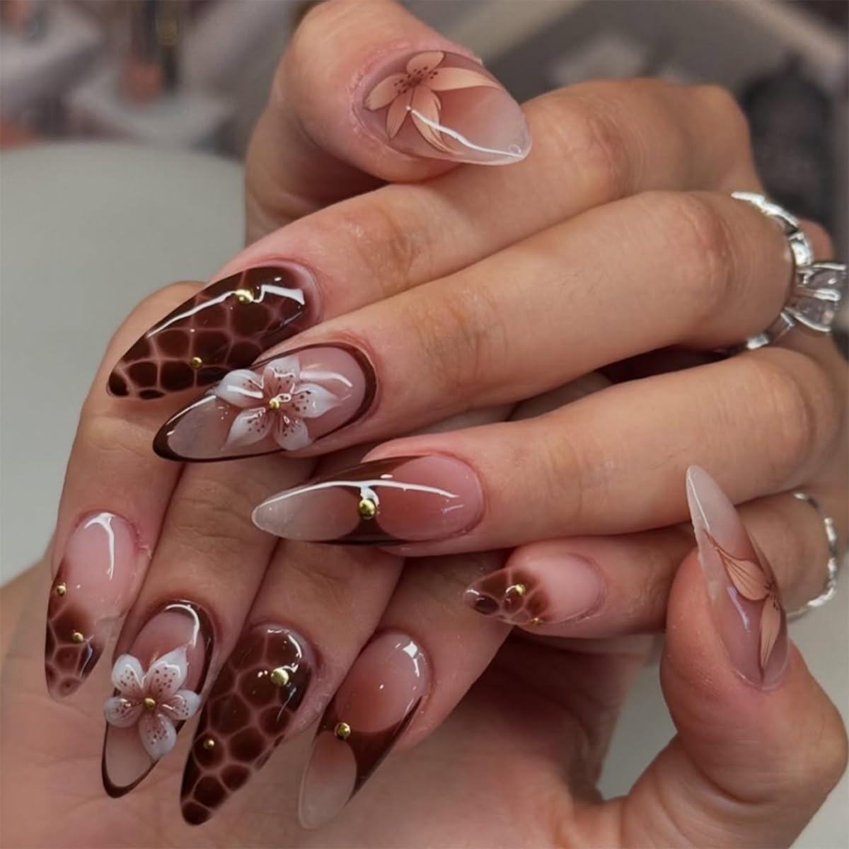 3D Brown Flower Press on Nails Medium Almond,Unique False Nails with Texture and Mini Metal Ball Decoration,24PCS Glossy and Full Cover Acrylic Fake Nails for Women or Girls