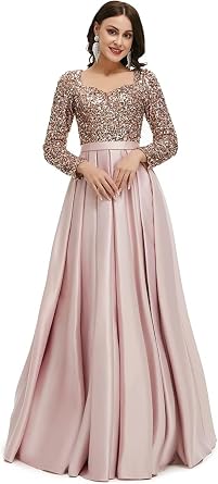 Womens Long Sleeve Sparkly Sequins Prom Dress Satin Pleated Hem Long Dress A Line Evening Prom Gowns