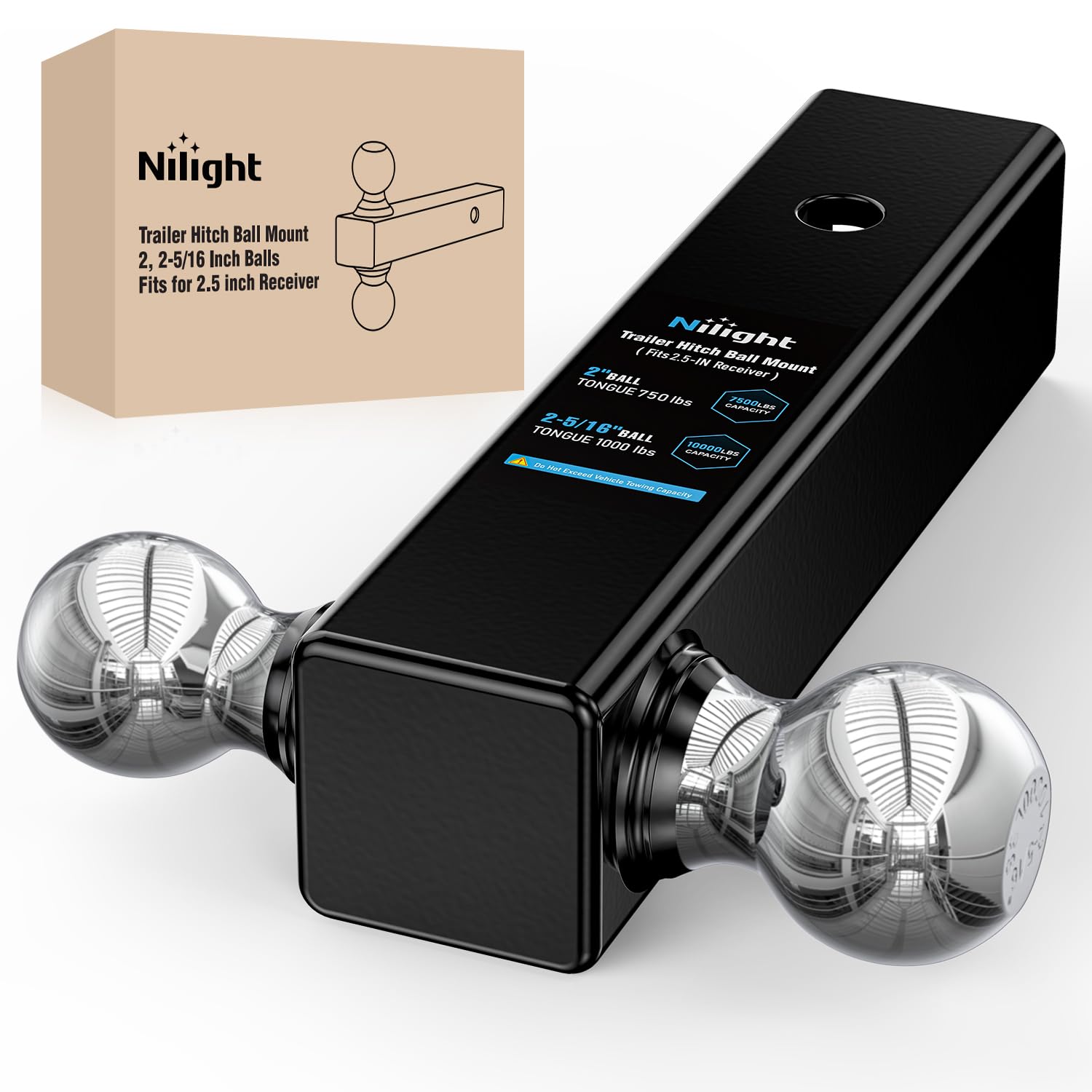 Nilight Multi-Ball Trailer Hitch Ball Mount, 2 &amp; 2-5/16 Inch Balls, Dual Ball Mount fits 2-1/2-Inch Hitch Receiver, Chrome Plating