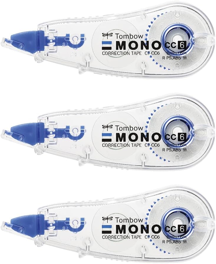 Tombow Pencil Correction Tape, 0.2 inches (6 mm), MONO Mono CC (Mini Size, High Adhesion Tape), Single Use Type, 16.4 ft (6 m), 3 Pieces KCB-327 (CT-CC6 x 3)
