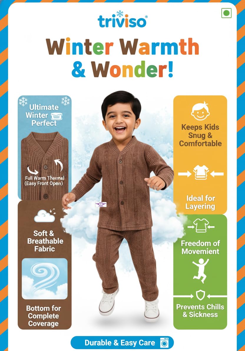 Triviso Kids Winter Wear Thermal Suit Full Sleeves Front Open Top & Pajama Set Body Warmer for Boys & Girls (0-36 Month; Pack of 3) Multicolour - Image 3 thumbnail