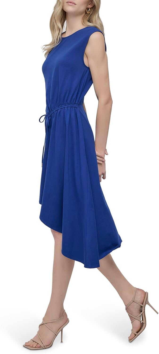 DKNY Women's Cap Sleeve Jewel Neck Drawstring Tie Detail Asymmetrical Hem Dress - Image 3