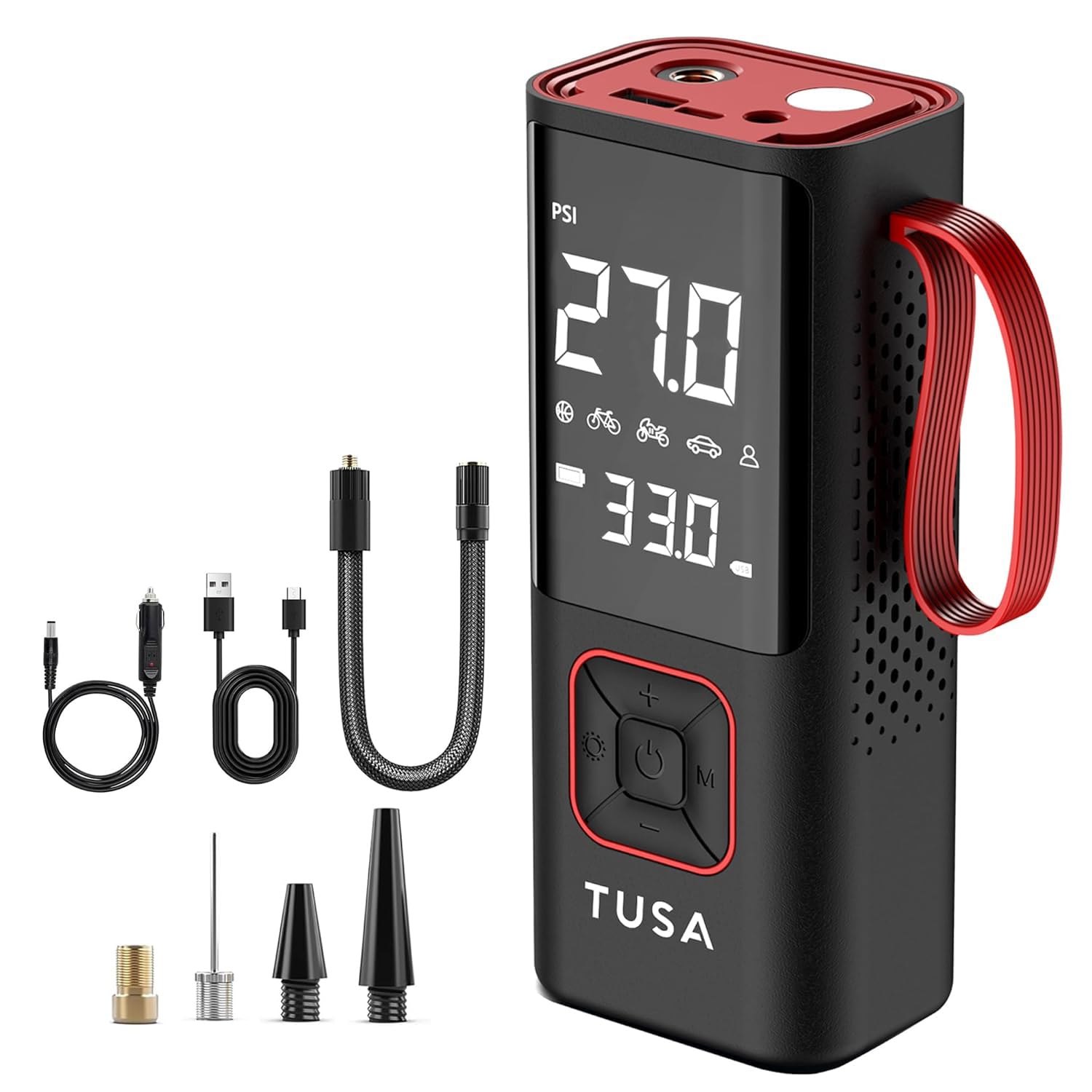 TUSA Cordless Tyre Inflator - 6000 mAh Battery - 2X Faster Inflation - Dual Mode (Battery & 12V Car Port), 150PSI Air Compressor for Cars, Bikes, Motorcycles, Balls, and Inflatables (Red)