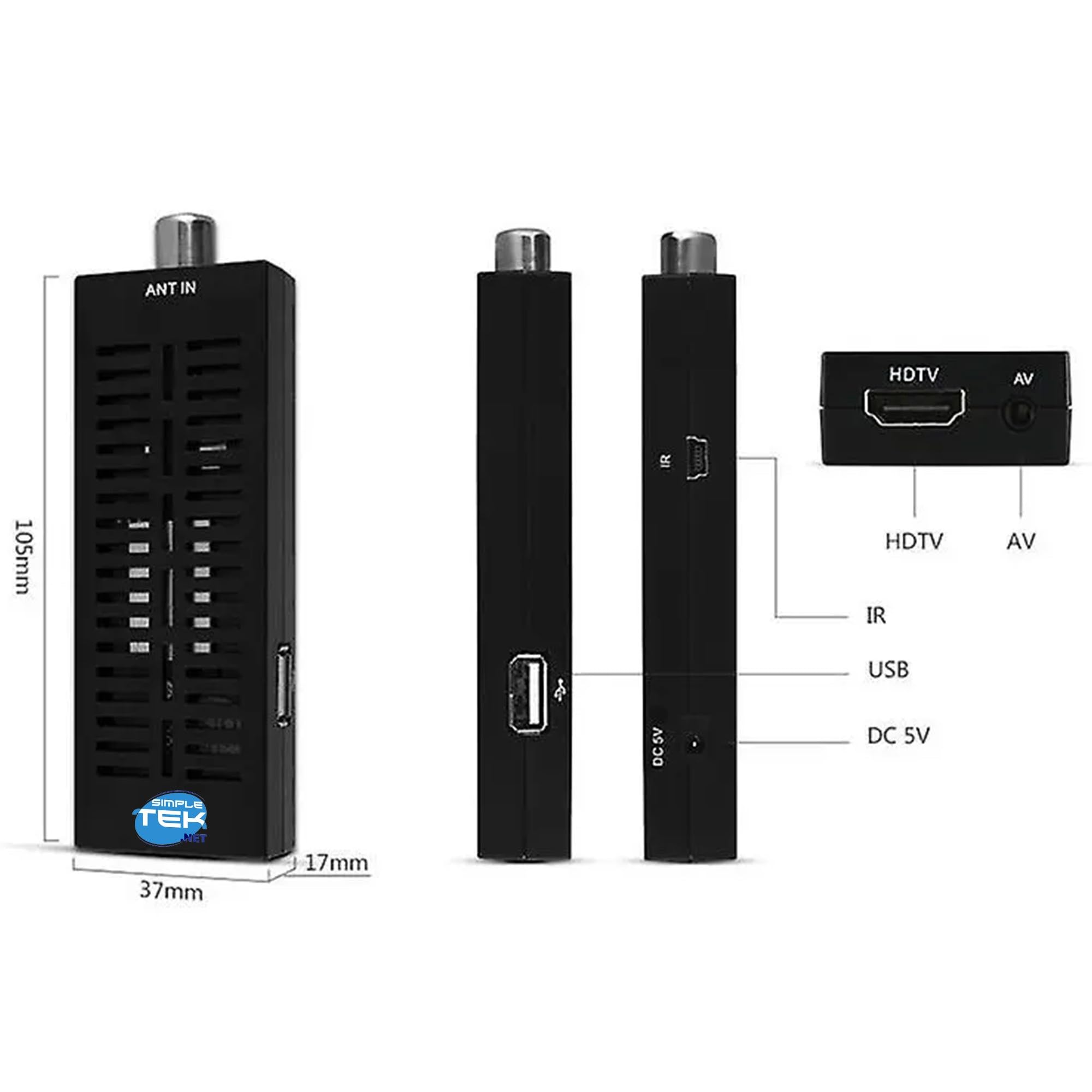 SIMPLETEK - Decoder Digitale Terrestre DVB‑T2 HD con uscita HDTV, telecomando universale, cavo di alimentazione USB, cavo HDMI