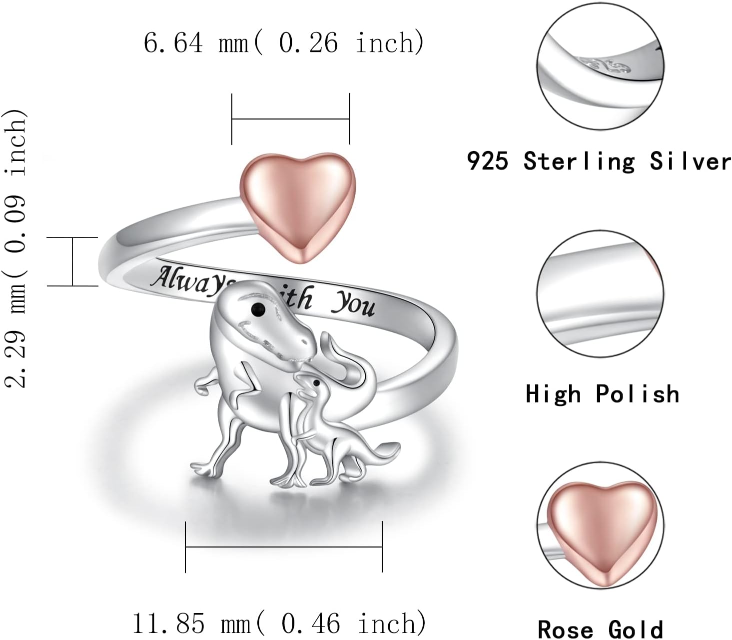 Sterling Silver Dinosaur Elephant Ring for Women: Always with You Mother Heart Adjustable Ring Animal Themed Jewelry Mother's Day Birthday Gift from Daughter Son