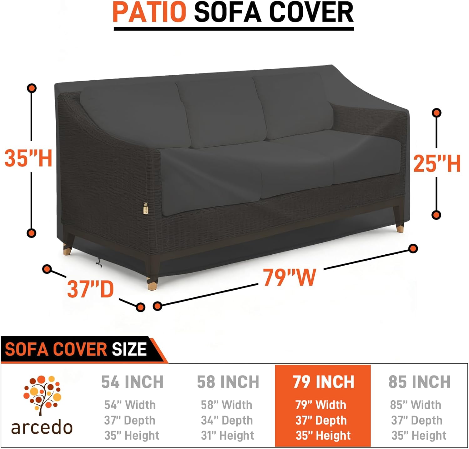 Arcedo Waterproof 3-Seater Furniture Cover, Outdoor Couch Cover for Patio Sofa, All Weather Protection for Chair Seat, 79" W x 37" D x 35" H, Black - Image 2