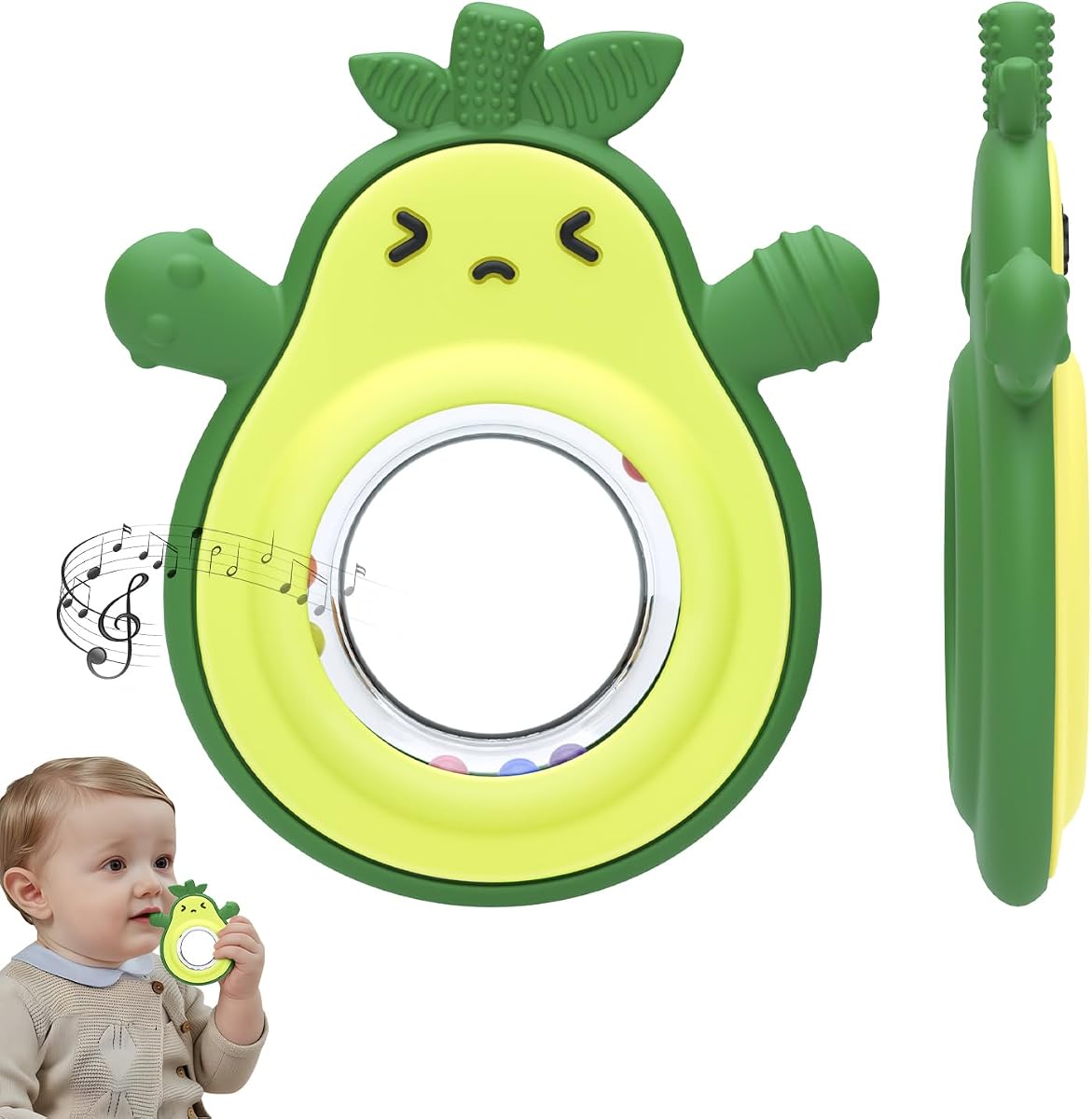 MISSLILI Teething Toy for Babies, Silicone Avocado Shape with Rattle Teether for Infants 0-3-6-12 Months, Sensory Chew Toys Teething Relief for Boys and Girls, BPA Free