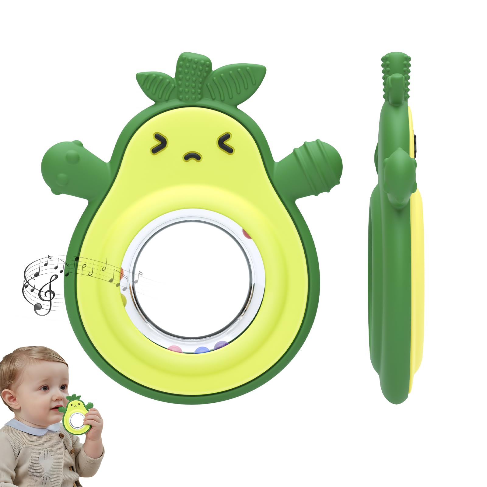 CLDY Beißring für Babys, Avocado-Beißring-Spielzeug, Hellgrün Kind kauspielzeug Zahnungshilfe, BPA-frei, wundes Zahnfleisch zu stimulieren und zu massieren, ab 3 Monaten, Lebensmittelechtes Silikon