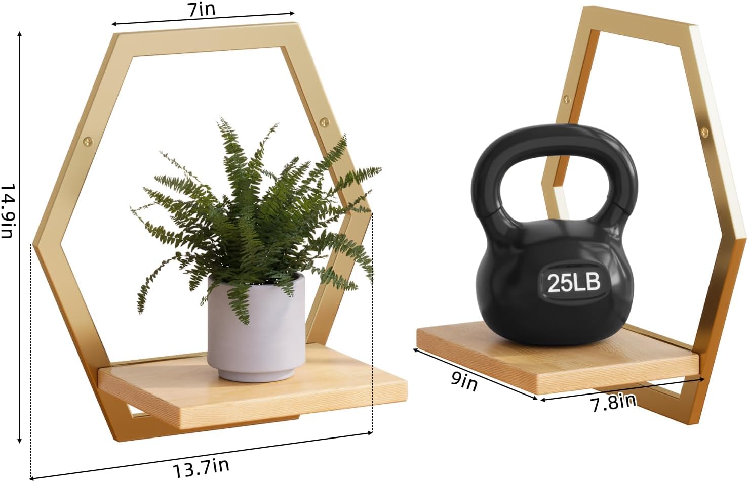 3 Pack Solid Wood & Heavy Duty Metal Wall Plant Stands,9inch Natural Wood Shelf, Boho Arch Hanging Planter for Indoor 25 LB Load for Plants, Flowers, Herbs Golden