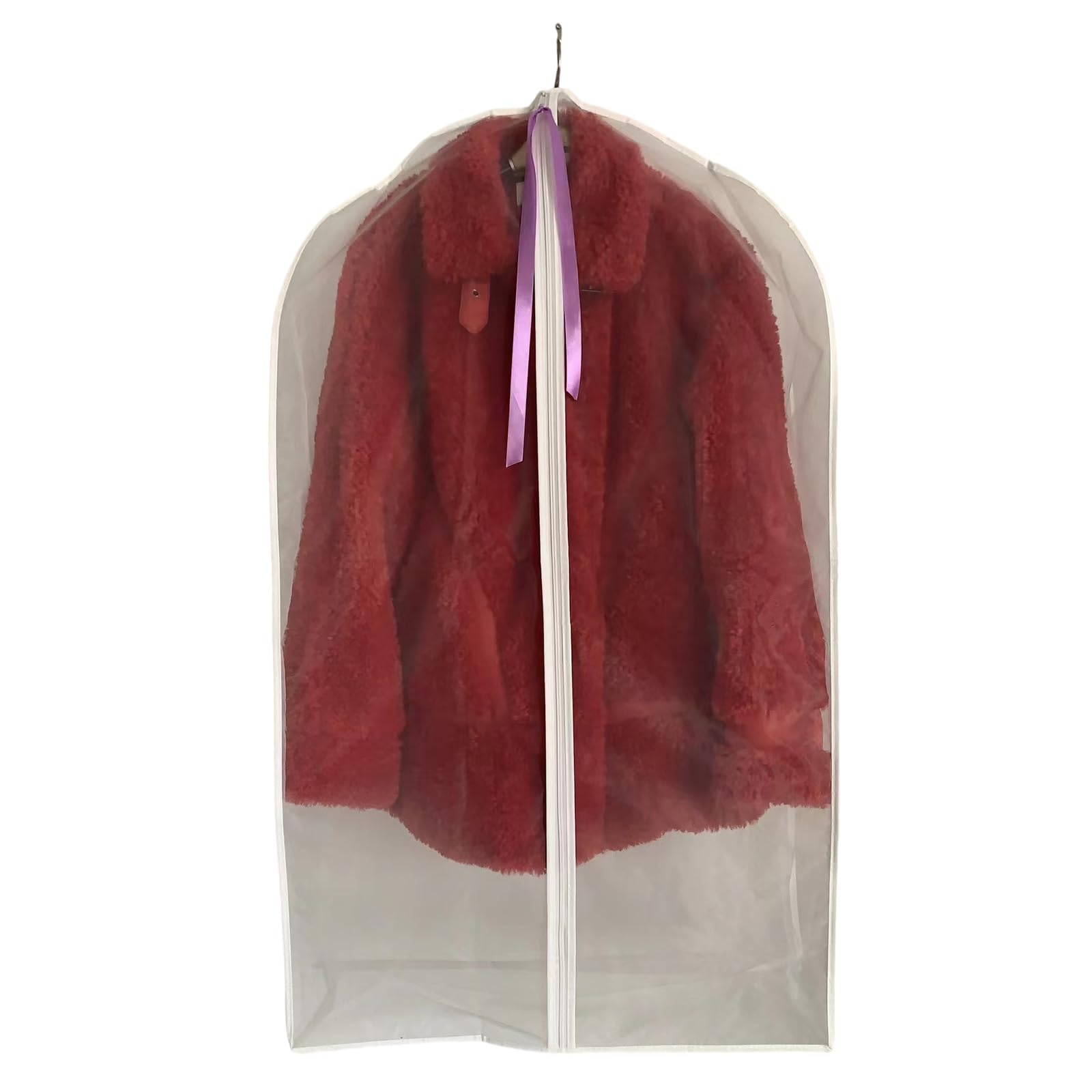 The garment bag has a clear zipper closure for easy access and protects the suit cover for storage in your closet
