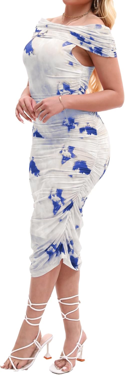 Women Off Shoulder Ruched Going Out Formal Club Bodycon Mesh Dress - Image 3