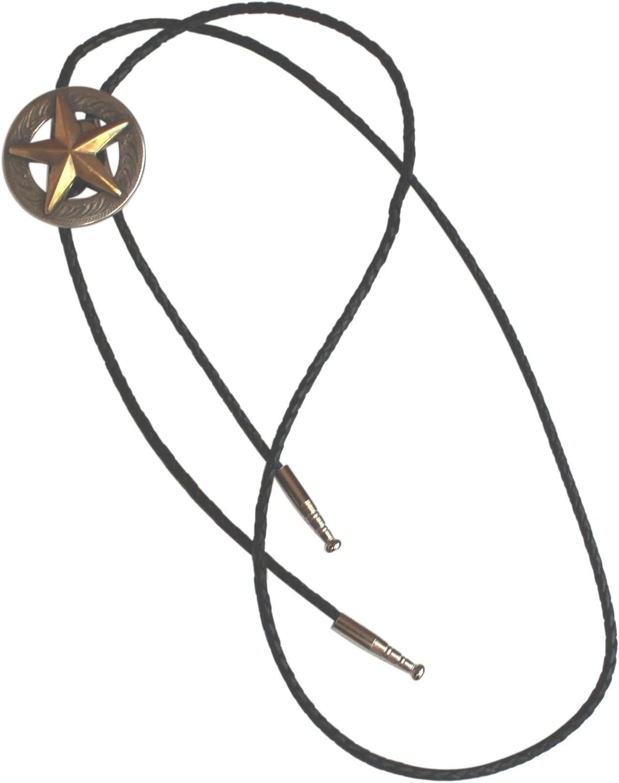 THE RANGER STAR SILVER AND GOLD BRAIDED BLACK LEATHER BOLO TIE