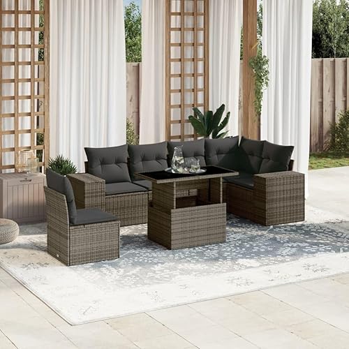 Miniatura 10 de 7-Piece Modular Garden Sofa Set with Black PE Rattan Frame, Powder-Coated Steel and Tempered Glass Table for Outdoor Patio Seating, Black and Cream