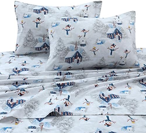 Tribeca Living 100% Cotton Flannel Sheet Set - Deep Pocket, 170-GSM, Ultra Soft & Cozy Bedding for Winter, King, Snowman Navy/Red