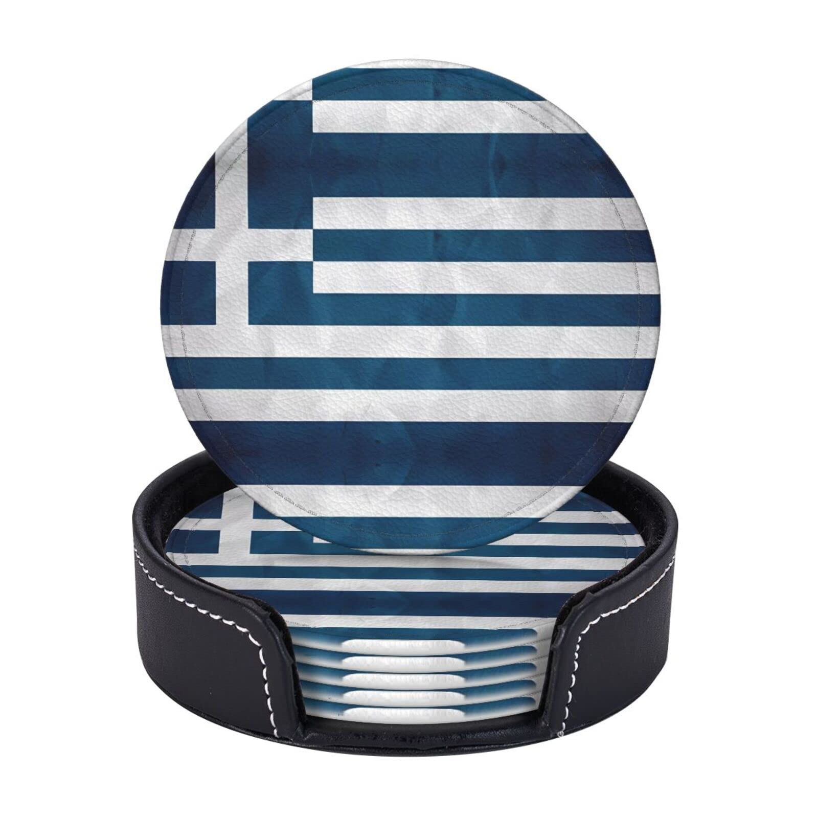 Greek Flag Leather Coasters Set of 6 Coasters for Drinks Housewarming Gift Round Cup Mat Pad for Home and Kitchen