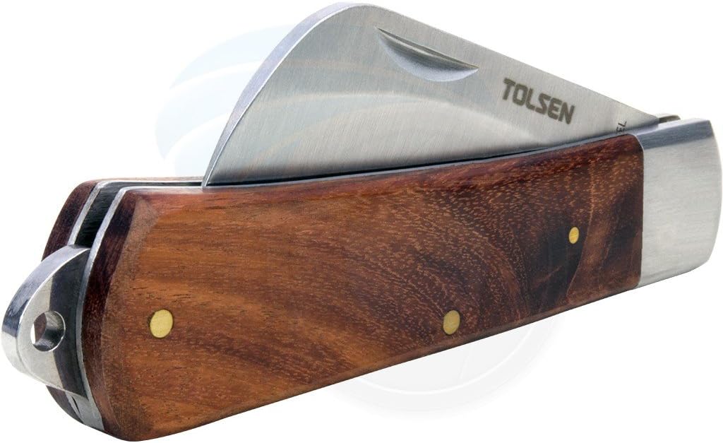 TOLSEN Electrician’s Pocket Cable Wire Stripper & Skinning Utility Knife – Stainless Steel Hawk Bill Blade, Lock-Back Safety, Wooden Handle