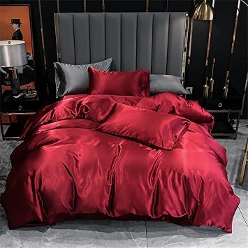 3 PCS Burgundy Red Satin Silky Duvet Cover Queen Size Luxury Silky Bedding Set Super Soft Solid Color 90"x90" Duvet Cover,2 PillowcasesQueen,Burgundy Red