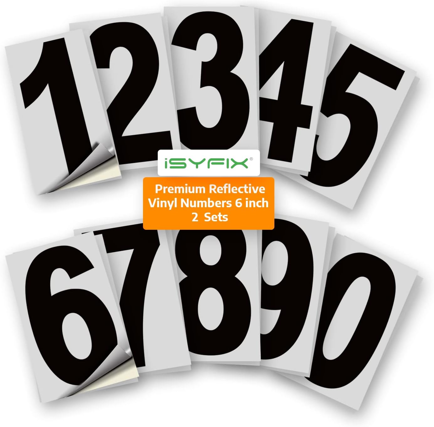 iSYFIX Black Vinyl Numbers Stickers – 2 Sets 6 inch - Premium Decal, Reflective Background, Pre-Spaced for Mailbox, Signs, Window, Door, Cars, Trucks, Home, Business, Address, Indoor & Outdoor
