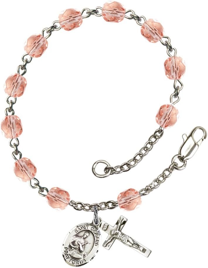 Bonyak Jewelry St. Gerard Majella Silver Plate Rosary Bracelet 6mm Fire Polished Beads - Every Birth Month Color