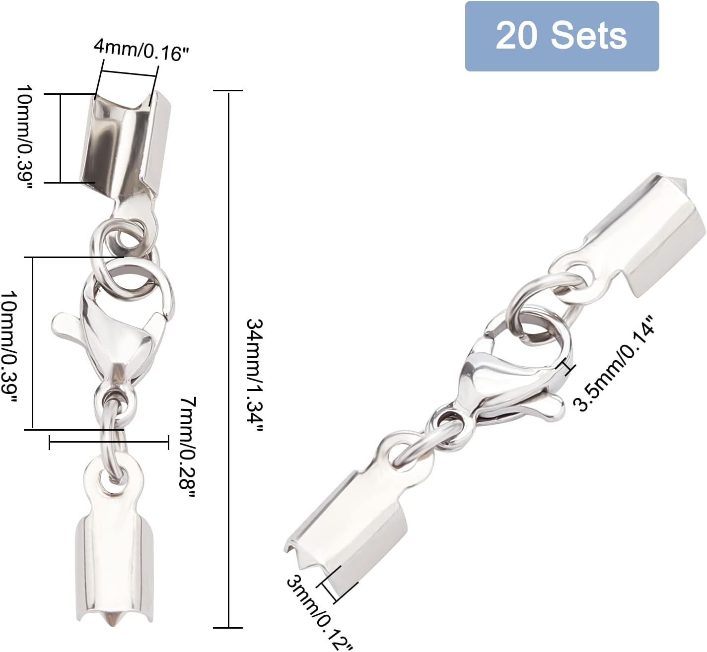 PH PandaHall 20 Set Lobster Claw Cord Ends 304 Stainless Steel Fold Over Cord End Caps Connector Silver Cord Crimp End Tips with Lobster Claw Clasps for Necklaces Bracelets Jewelry Making DIY Craft - Image 5
