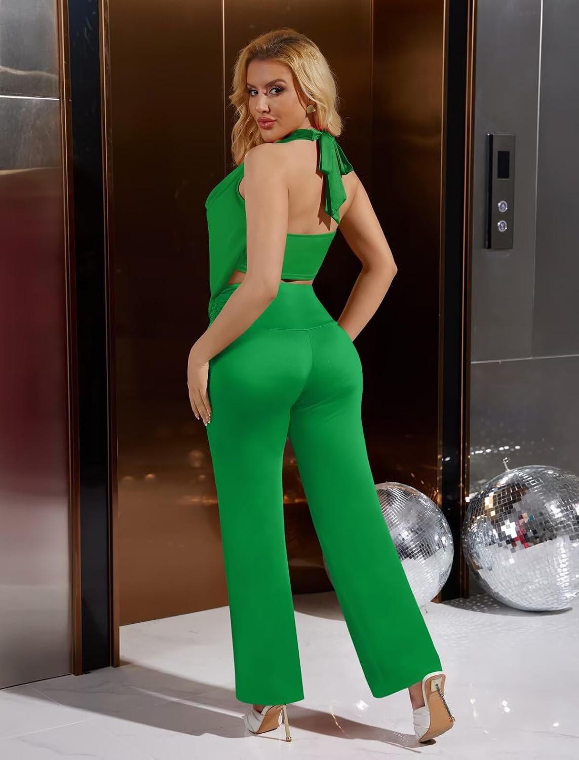 2 Piece Sets for Women Sexy Summer Mesh Halter V Neck Tank Tops High Waist Wide Leg Pants Sets Clubwear Outfits Jumpsuits - Image 2