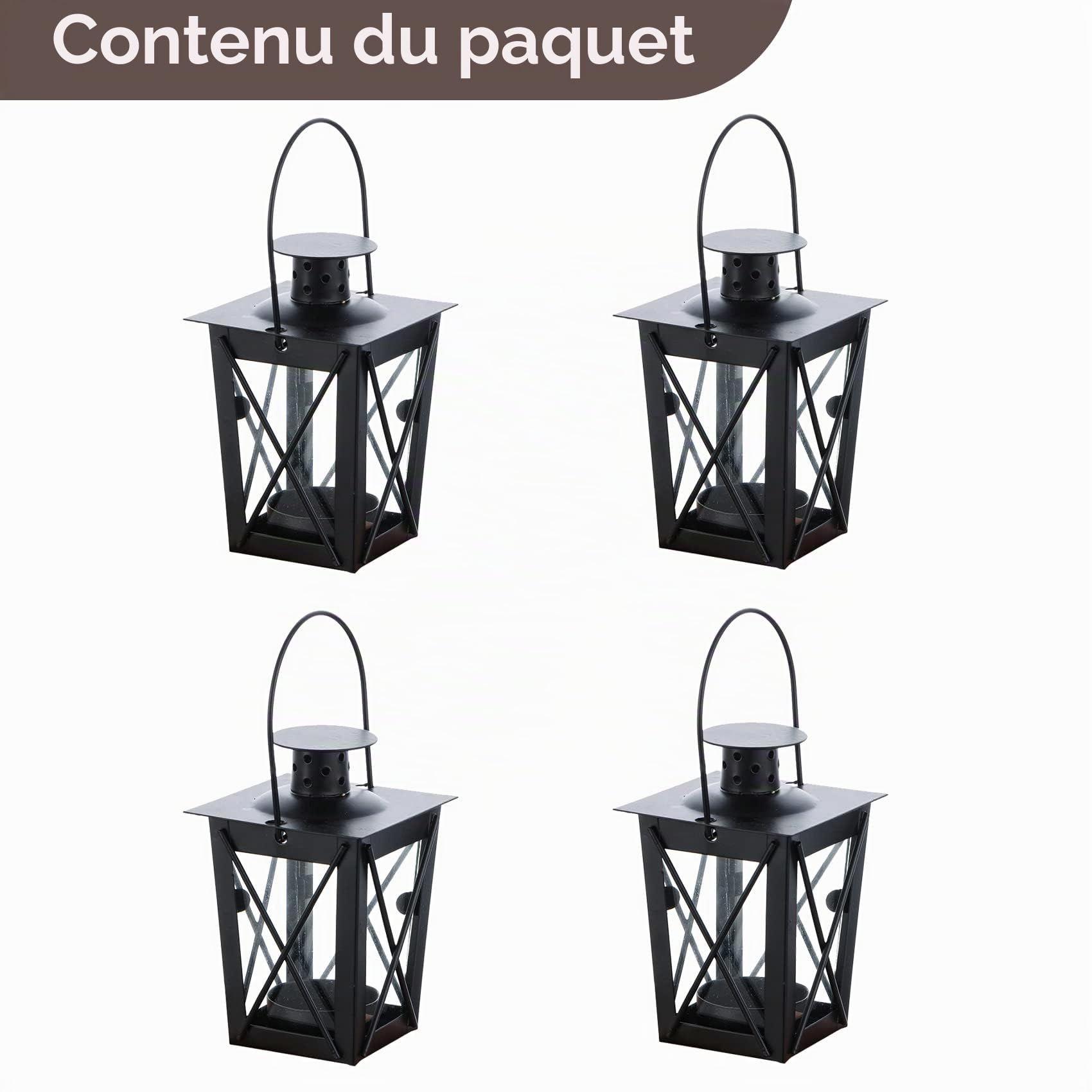 NUPTIO Lanterne en Verre À Terre/Suspendue, Lanterne en Verre Portable, Bougie Chauffe-Plat Petite Lanterne Rétro De Fer, Suspension De Décoration D’Intérieur/Cour (Noir, 4 Pcs)