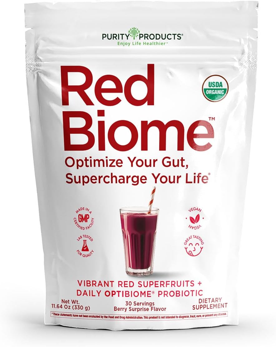 Red Biome – Gut Biome & Digestive Health Support with OPTIBIOME® Probiotic – Reduces Minor Bloating, Burping & Gas – With 4g Organic Fiber, Super Berries, Superfoods & Antioxidants – 30 Servings