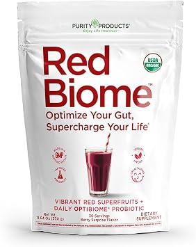 Red Biome Gut Biome & Digestive Health Support with OPTIBIOME Probiotic Reduces Minor Bloating, Burping & Gas With 4g Organic Fiber, Super Berries, Superfoods & Antioxidants 30 Servings